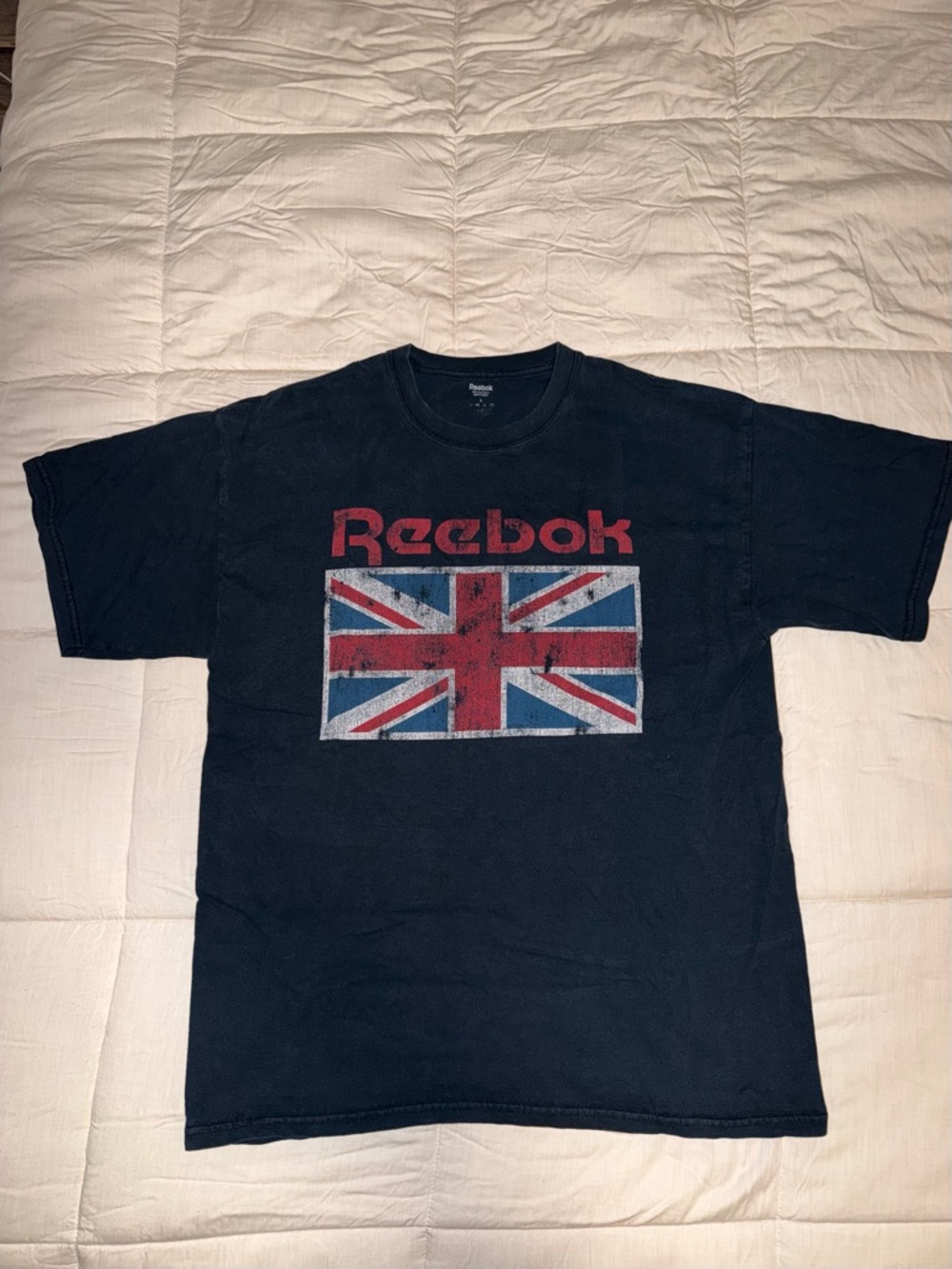 Vintage Reebok Black Short Sleeve Tee with Union Jack Graphic